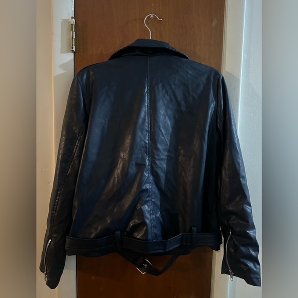 Navy Blue Faux Leather Moto Jacket Size Large - Picture 2 of 4